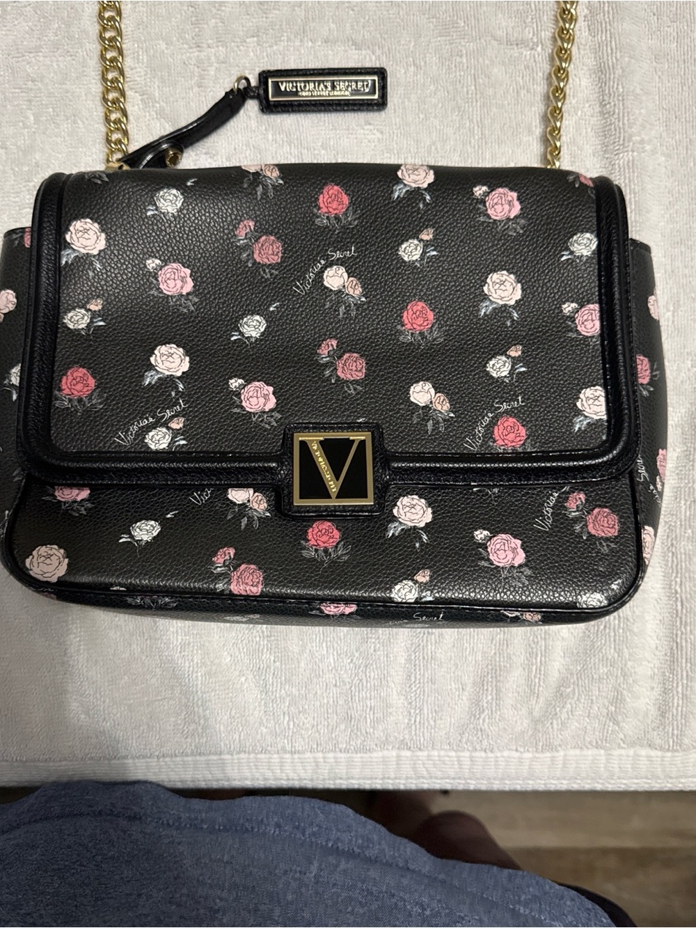 Victoria's Secret Black Floral Chain Crossbody Bag